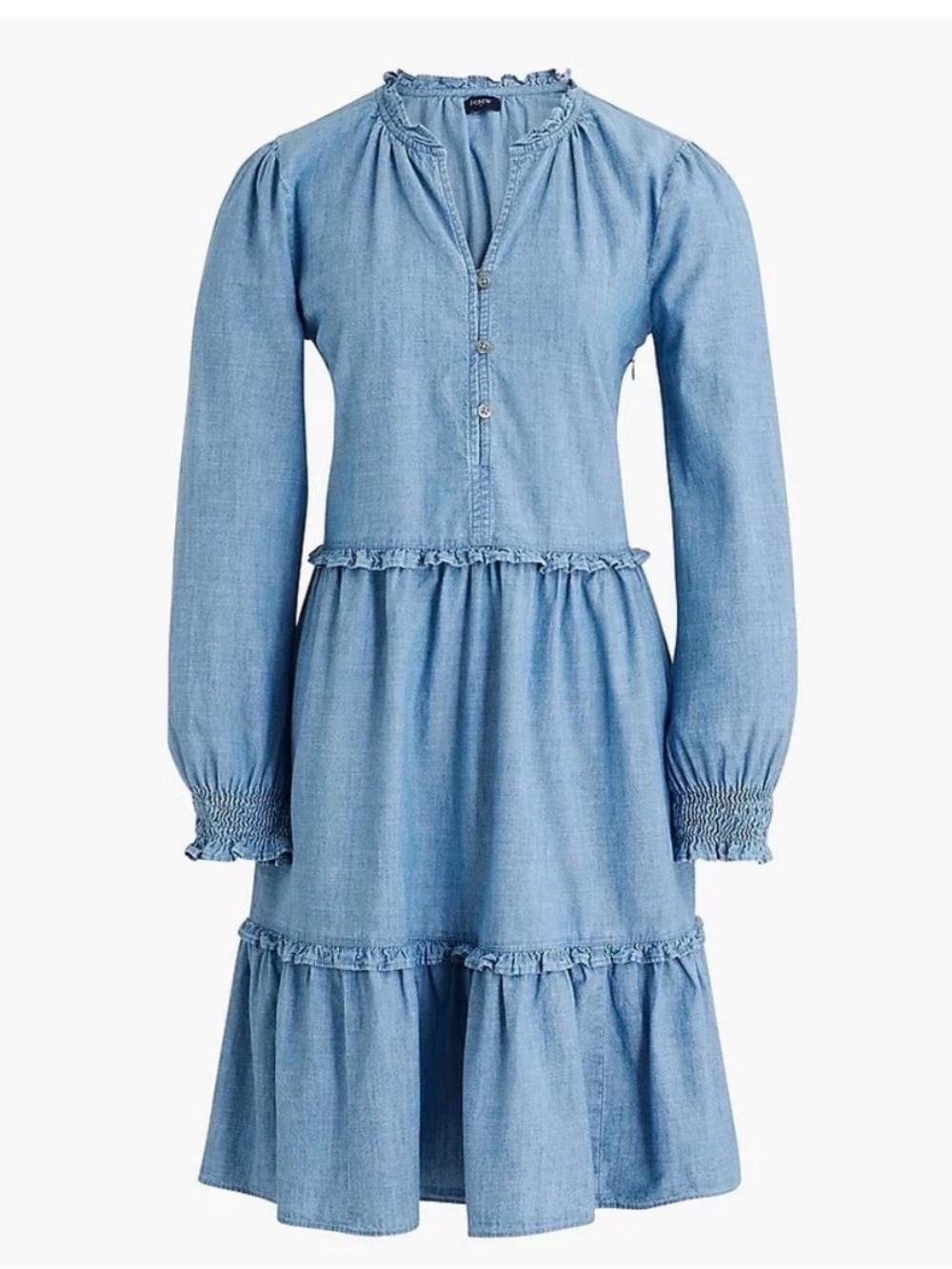 NWT J.Crew Chambray Ruffle Tiered Mini Dress Cottagecore Prairie Puff Sleeve 6